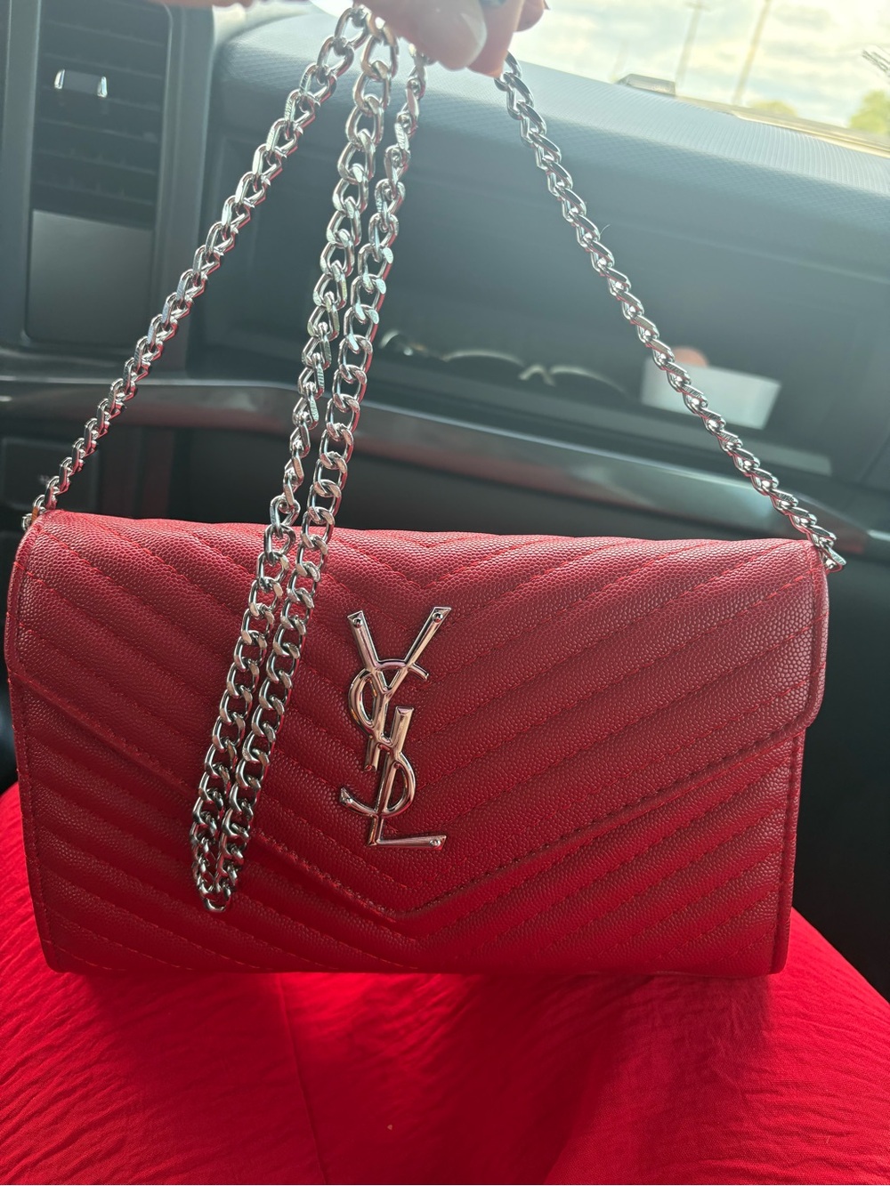Saint Laurent Red Quilted Chain Shoulder Bag with Silver YSL Logo